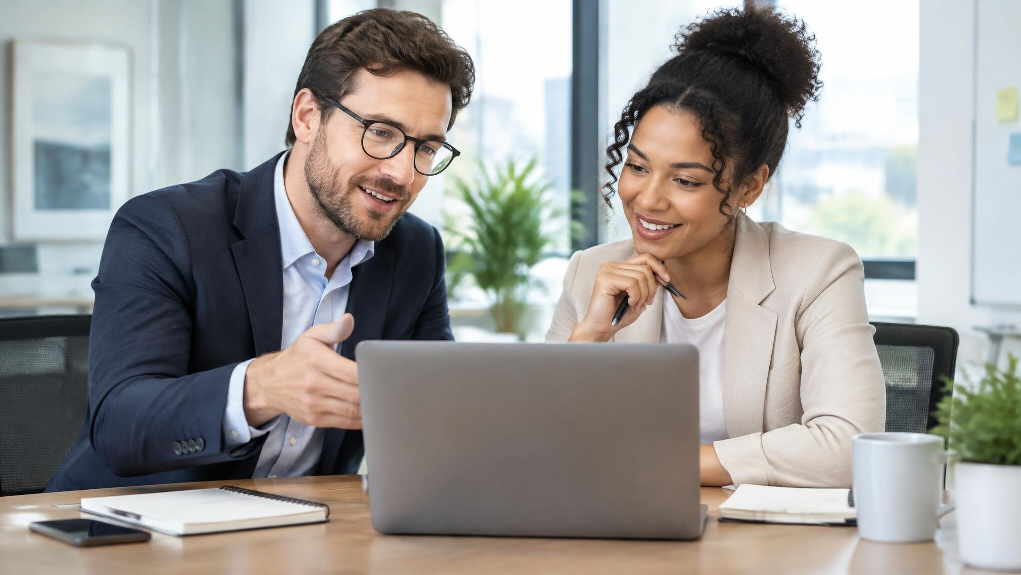 Business consultants discussing a project around a laptop