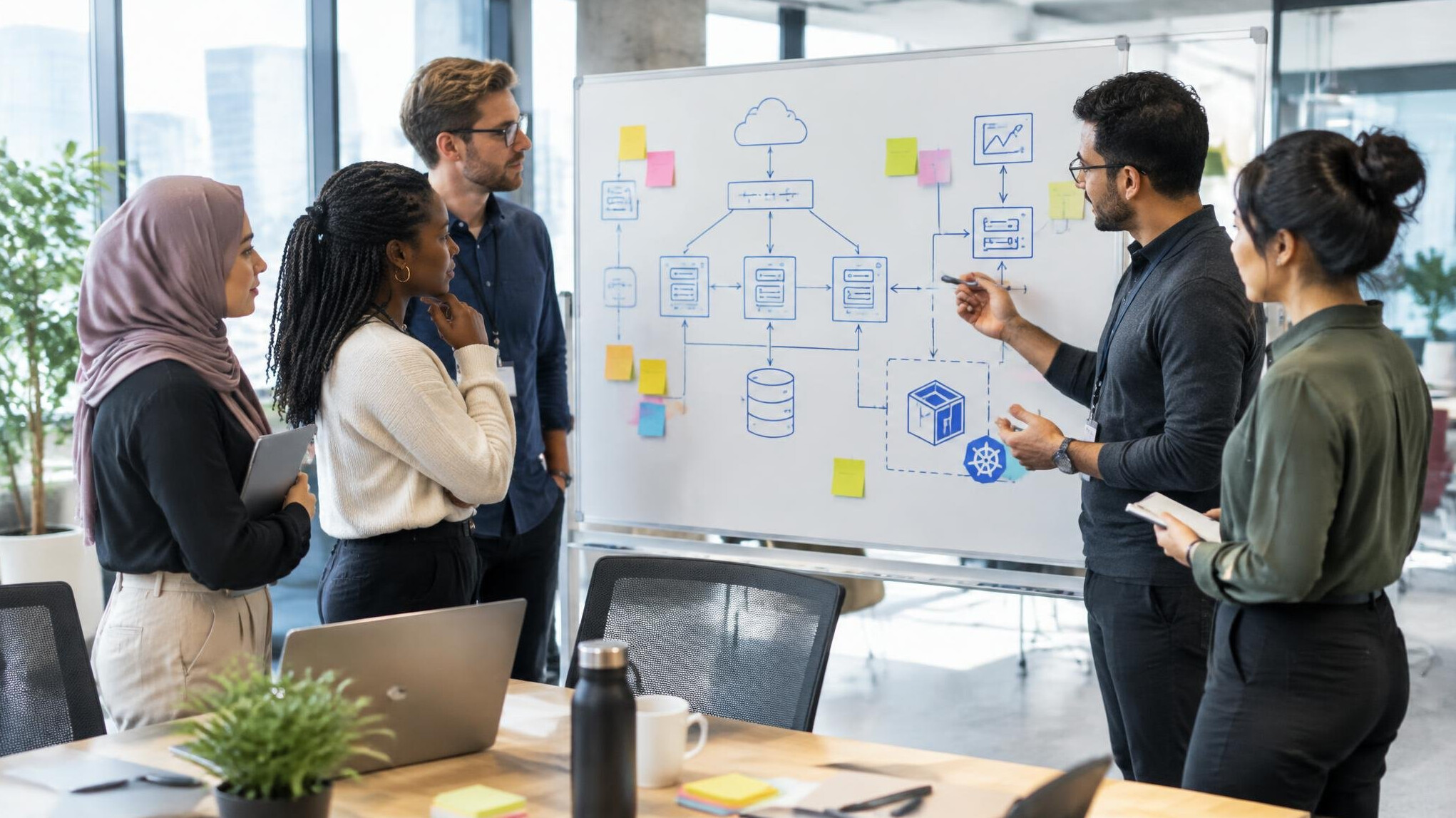 Team discussing a software architecture diagram on a whiteboard