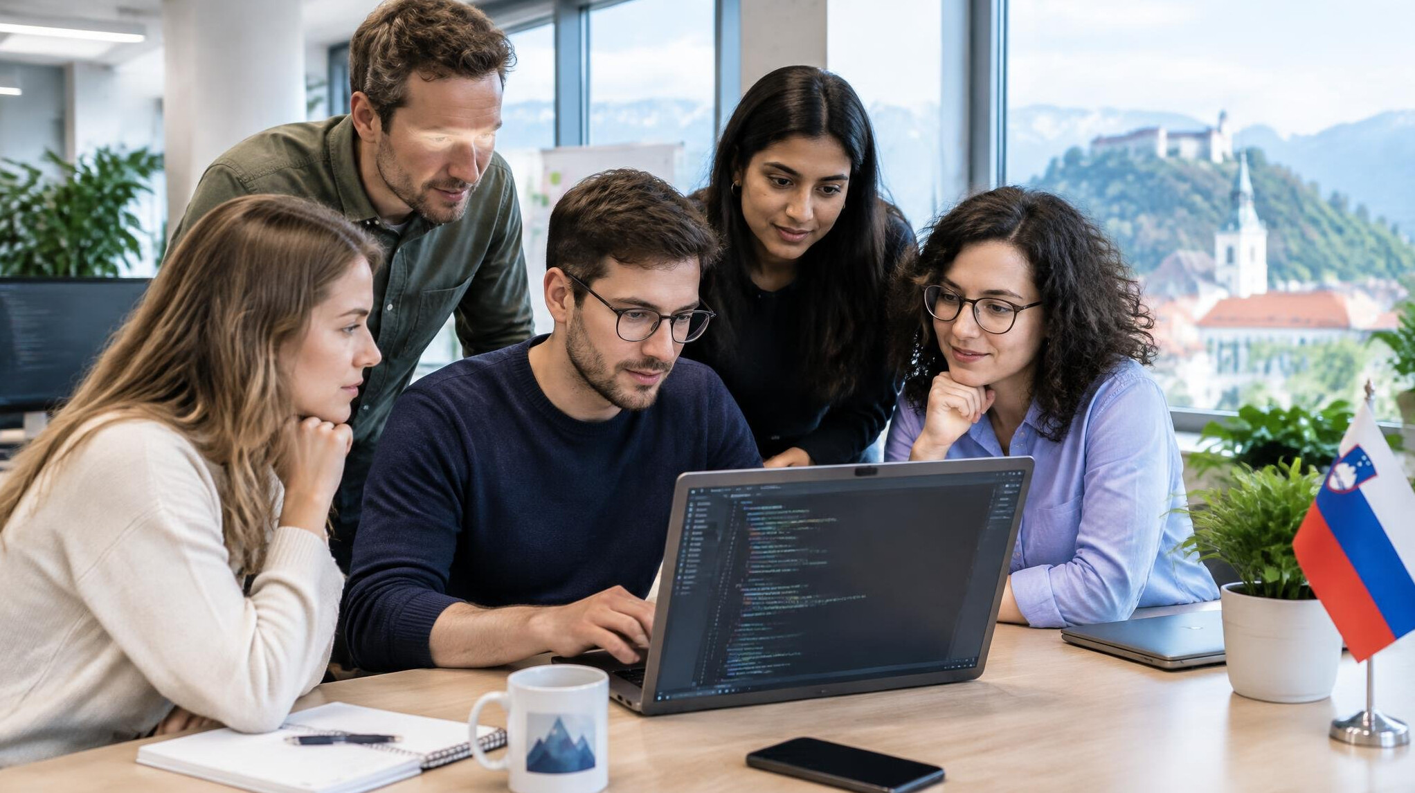 Corporate team reviewing code on laptops in a modern office