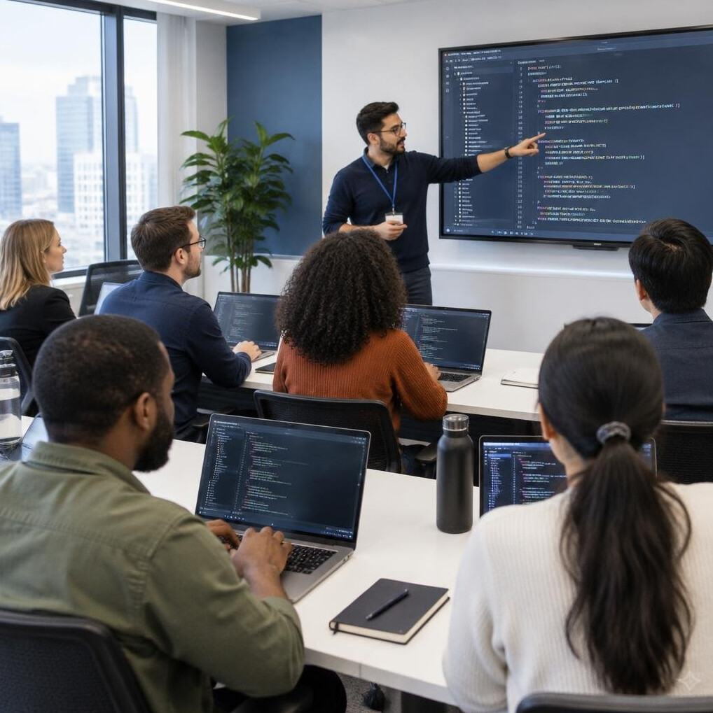 Employees in a corporate programming workshop session