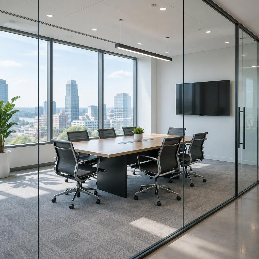 Modern office meeting room with glass walls