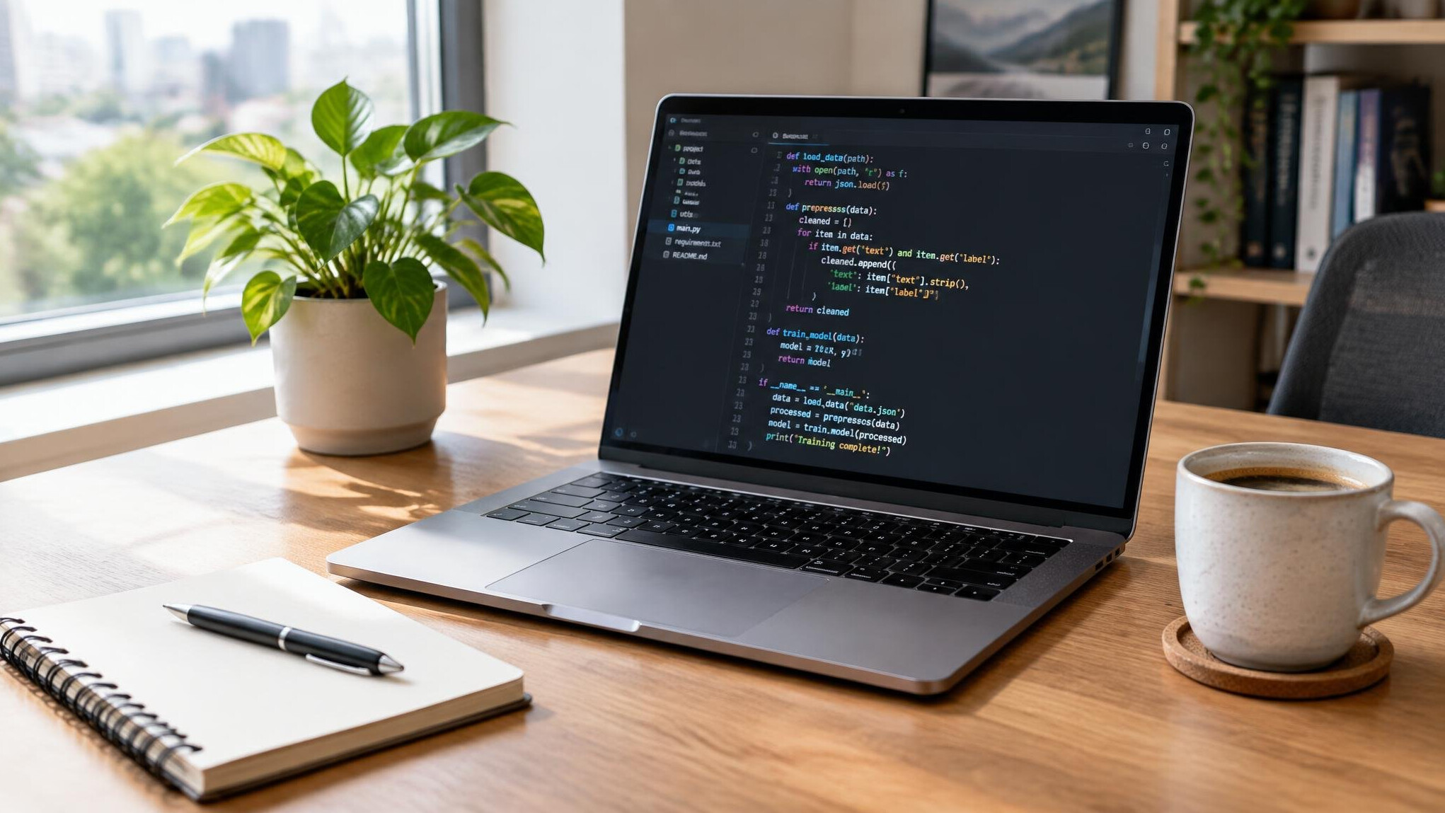 Laptop displaying code on a wooden desk with a plant and coffee cup